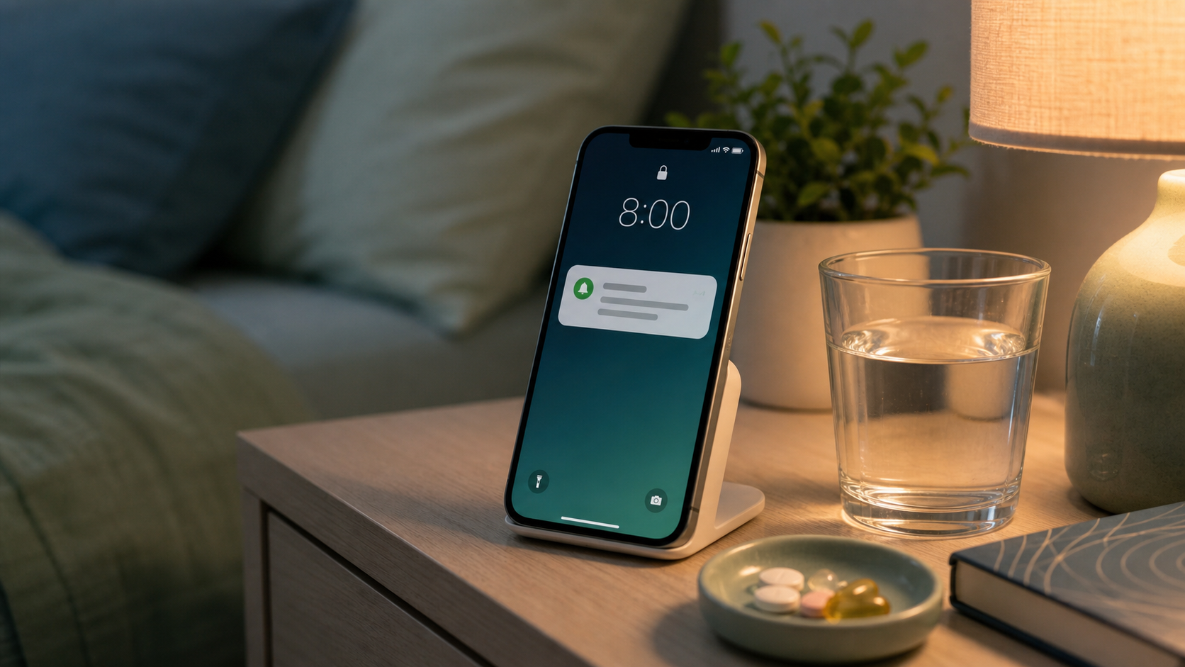A phone showing a reminder notification near a glass of water on a bedside table